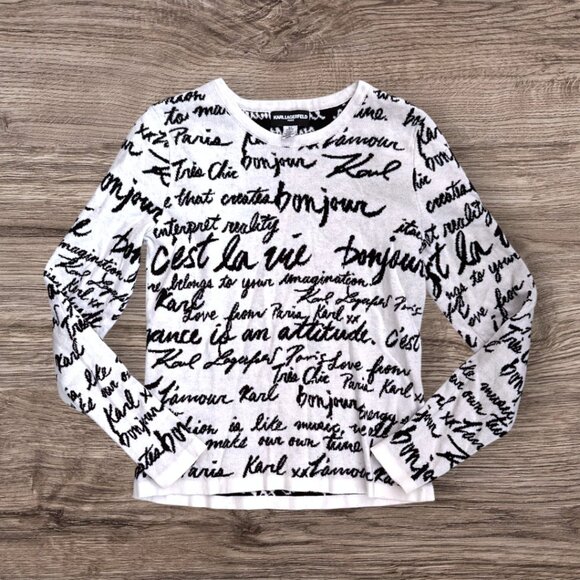 KARL LAGERFELD Black White Script French Paris Phrases Sweater Bonjour Women's S - Picture 1 of 5